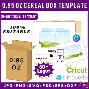 Plantilla de caja de cereales de 0,95 oz, plantilla de caja de cereales personalizable, plantilla de embalaje de cereales, caja de cereales svg, plantilla de caja de refrigerios, caja de bricolaje