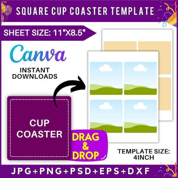 Square Cup Coaster Mockup, Cup Coaster label Mockup, Canva Mockups, Silhouette, Sublimation Mock up Template