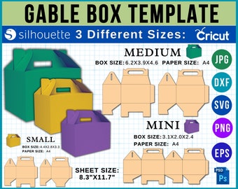 Plantilla de paquete de caja a dos aguas, etiqueta de caja a dos aguas, caja a dos aguas imprimible, caja a dos aguas svg, caja a dos aguas de diferentes tamaños, svg para cricut, dxf, eps, psd,