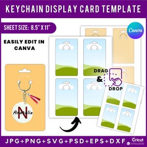 Modelo de cartão de exibição de chaveiro, cartão de exibição de chaveiro, cartão de exibição de chaveiro SVG, embalagem de chaveiro, etiqueta de chaveiro, cartão de chaveiro personalizado Canva
