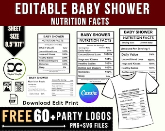 Baby Shower Nutrition Fact, Editable Nutrition Fact Template,Baby Shower SVG, PNG Label, Baby shower Gift, Party Favors Nutrition fact