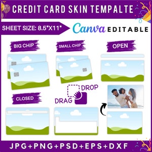Plantilla de diseño de tarjeta de crédito Canva, calcomanía de tarjeta de crédito, plantilla de tarjeta de débito SVG, portada de tarjeta SVG para Cricut, plantilla de arrastrar y soltar de Canva