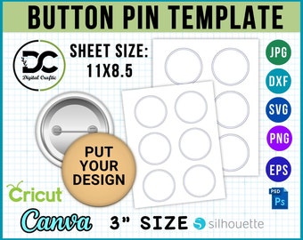 Plantilla de pin de botón de 3 pulgadas, botones Pinback, paquete de plantillas Canva de botón pin, plantilla de pin de botón SVG, DXF, Png, Psd, 8.5"x11"