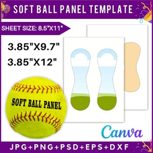 May include: A softball panel template with the text "SOFT BALL PANEL TEMPLATE". The image includes a yellow softball, panel designs, and text indicating sheet size at 8.5"x11" and panel dimensions. The Canva logo is visible.