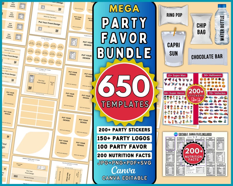 650 Party Favor Templates Bundle , Party Templates , Chip bag Template , Party Favors , Capri Sun Labels , Ring Pop , Chocolate Bar Wrappers image 1