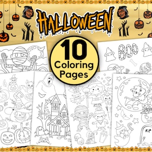 10 Halloween Coloring Pages For Kids, Printable Coloring Pages, Halloween Party Favors, Kids Halloween Activity, Kids Halloween Activity