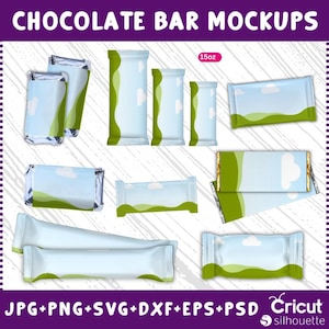K&ouml;nnte beinhalten: Mockup-Vorlagen f&uuml;r Schokoladenriegelverpackungen. Die Vorlagen zeigen ein blaues und gr&uuml;nes Design mit Wolken und Gras. Der Text "15oz" ist auf einer der Vorlagen sichtbar.
