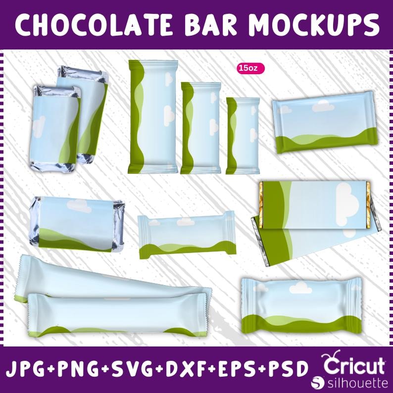 K&ouml;nnte beinhalten: Mockup-Vorlagen f&uuml;r Schokoladenriegelverpackungen. Die Vorlagen zeigen ein blaues und gr&uuml;nes Design mit Wolken und Gras. Der Text "15oz" ist auf einer der Vorlagen sichtbar.