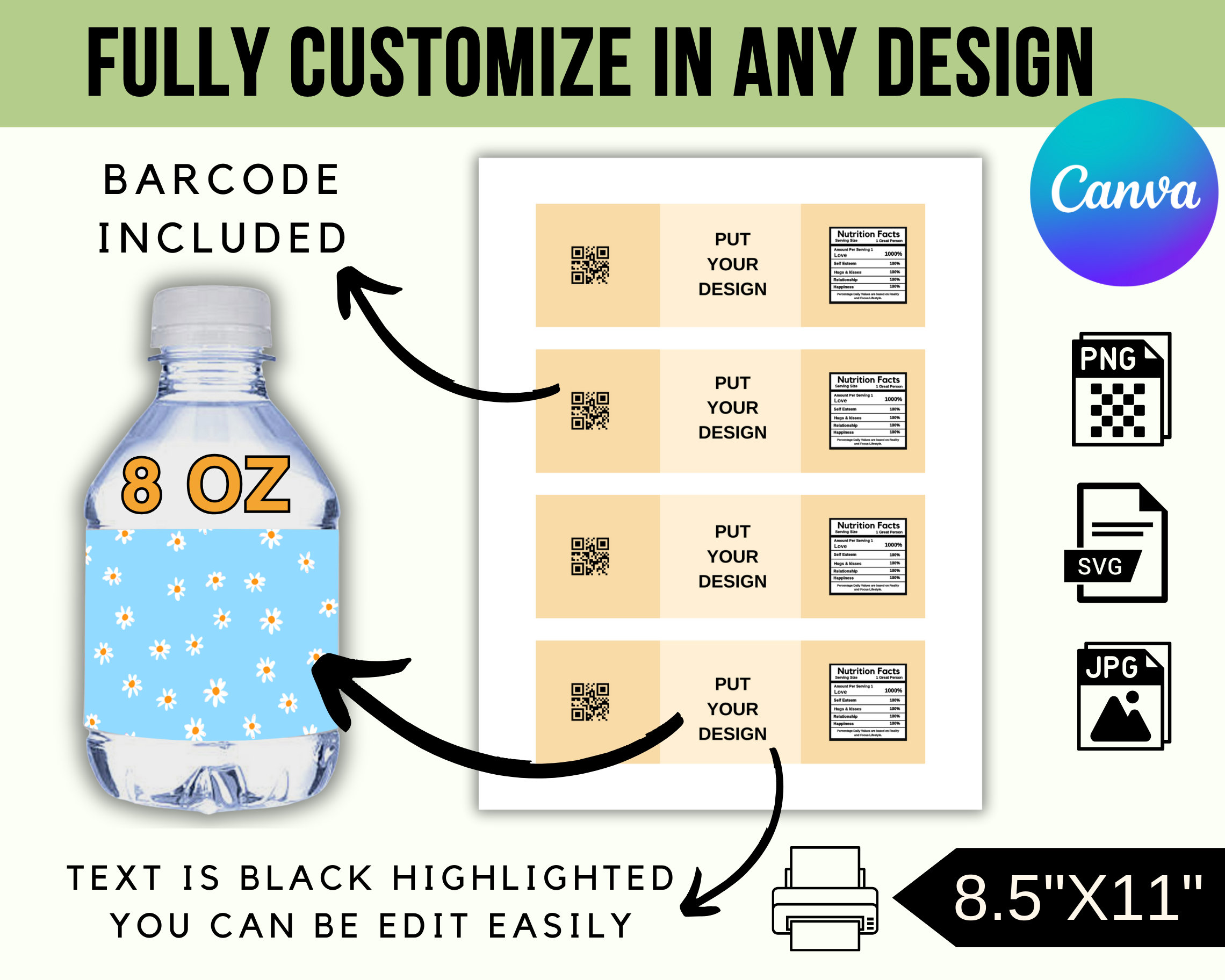 8 OZ Water Bottle Labels Template , Canva Editable Water Bottle