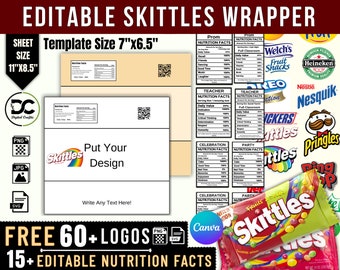 Skittles Wrapper Template, Editable Nutrition Facts, Party Logos (Digital Download)