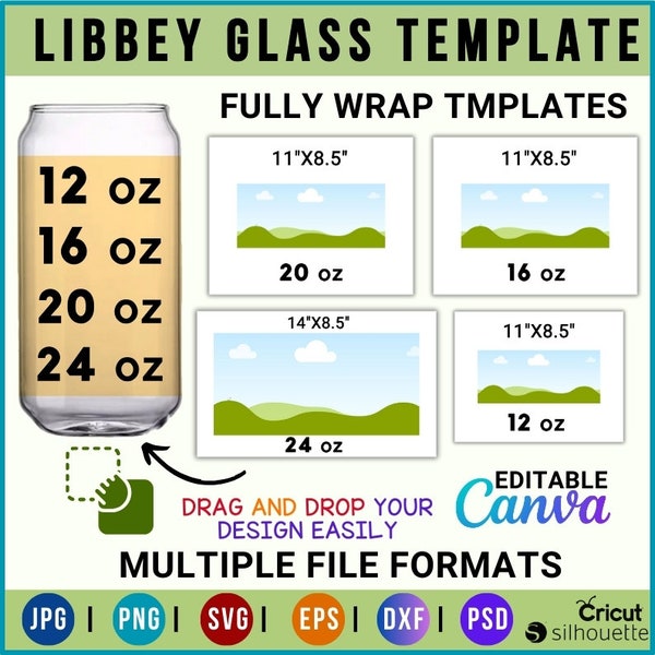 Libbey Can Glass Template Bundle , 12 oz, 16 oz, 20 oz Libbey Glass Wrap Template , Libbey Glass Template Full Wrap files Svg, Cricut, Canva