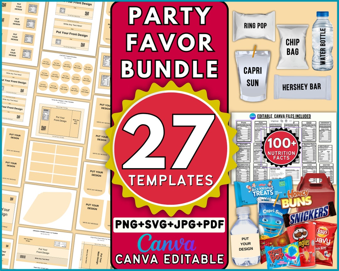 27 Party Favor Template Bundle, Party Favors Bundle, Chip Bag Template ...
