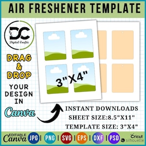 Puede incluir: Una plantilla imprimible para ambientadores. La plantilla está diseñada para ser utilizada con Canva e incluye seis formas de ambientadores de 7,62 x 10,16 cm. La plantilla está disponible en los formatos JPG, PNG, SVG, EPS, DXF y PSD. El tamaño de la hoja es de 21,59 x 27,94 cm.