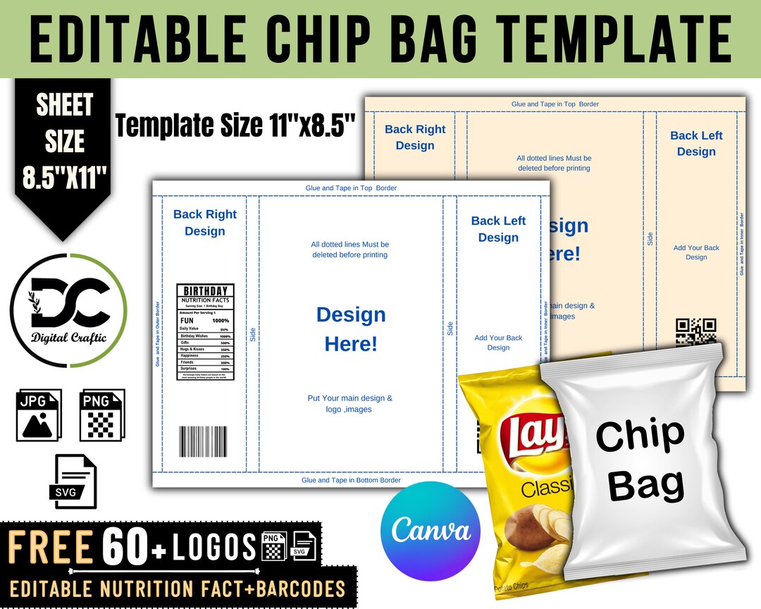 Chip Bag Label Template Editable Canva Chip Bag Nutritional Fact Label chip Bag Template Canva