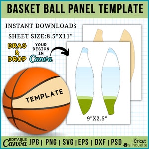 Puede incluir: Una plantilla de panel de baloncesto naranja con el texto "TEMPLATE" en el lateral. La imagen incluye el texto "BASKET BALL PANEL TEMPLATE", "INSTANT DOWNLOADS", "SHEET SIZE: 21,6cm x 27,9cm" y "DRAG & DROP IN Canva". También se incluyen dos plantillas de 22,9cm x 6,4cm.