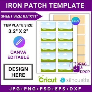 May include: A printable template for iron-on patches, featuring a design of rolling hills and clouds. The template is 3.2 inches by 2 inches and is designed to be used with Cricut and Silhouette cutting machines. The template is editable in Canva and includes JPG, PNG, PSD, EPS, and DXF file formats.