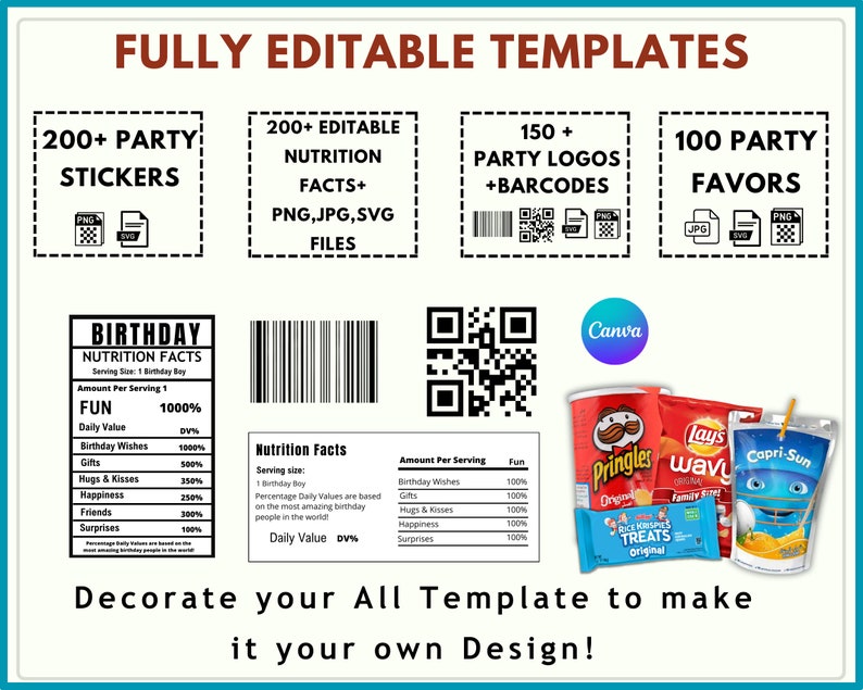 650 Party Favor Templates Bundle , Party Templates , Chip bag Template , Party Favors , Capri Sun Labels , Ring Pop , Chocolate Bar Wrappers image 8
