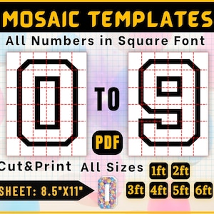 0-9 All Numbers Mosaic Balloons Templates, 6ft, 5ft, 4ft, 3ft, 2ft, 1ft, Square Numbers, Printable PDF, 8.5"x11"  Mosaic Numbers Template