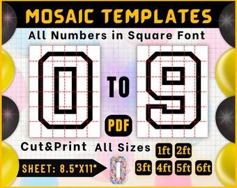 May include: A digital download of mosaic templates for numbers 0 to 9 in a square font. The templates are designed to be cut and printed in various sizes, from 1 foot to 6 feet, on an 8.5 by 11 inch sheet of paper.