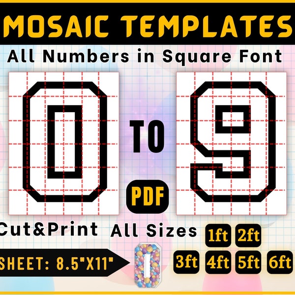 0-9 Alle Zahlen Mosaik Ballon Vorlagen, 1,8m, 1,5m, 4ft, 3ft, 2ft, 1ft, quadratische Zahlen, printable PDF, 8,5 "x 11" Mosaik Zahlen Vorlage