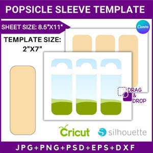 May include: A printable template for popsicle sleeves. The template includes three designs with a blue sky, white clouds, and green grass. The sheet size is 8.5 inches by 11 inches and the template size is 2 inches by 7 inches. The template is compatible with Cricut and Silhouette cutting machines.