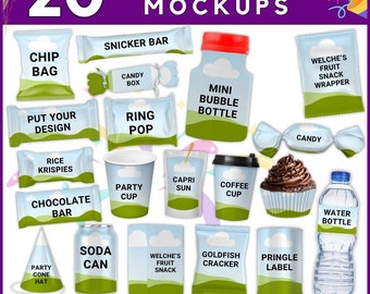 20 Party Favor Mockups Bundle - Party Favor Mockup Bundle, Chip bag, Water Bottle Mockup, , Juice Pouch, Canva Frame Mockup Bundle, Mock ups