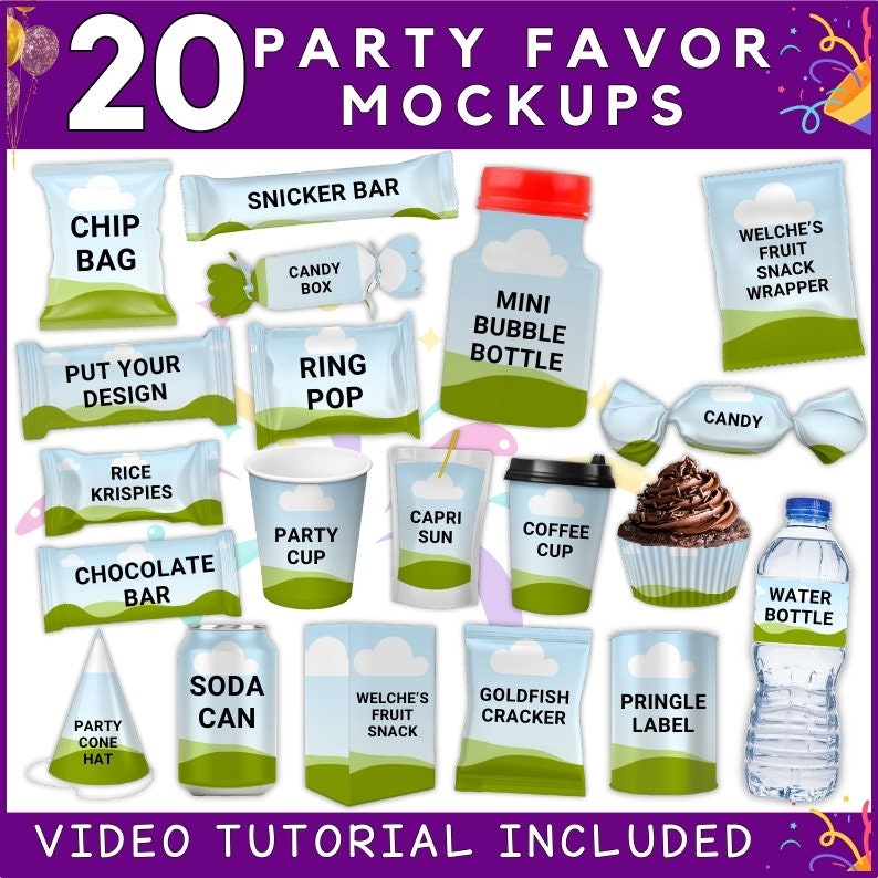 20 Party Favor Mockups Bundle - Party Favor Mockup Bundle, Chip bag, Water Bottle Mockup, , Juice Pouch, Canva Frame Mockup Bundle, Mock ups