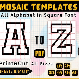 Plantilla de letras en mosaico de la A a la Z, plantilla de números en mosaico, fuente cuadrada del alfabeto en mosaico, letras altas de la A a la Z, mosaico con marco de globo, cuadrado de 1 a 6 pies