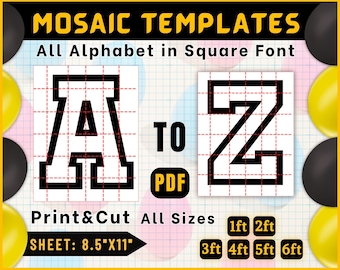 A-Z  Mosaic Letters Template, Mosaic Numbers Template, Mosaic Alphabet Square Font, Tall Letters A-Z, Balloon Frame Mosaic, 1ft-6ft Square