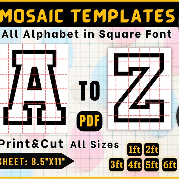 A-Z  Mosaic Letters Template, Mosaic Numbers Template, Mosaic Alphabet Square Font, Tall Letters A-Z, Balloon Frame Mosaic, 1ft-6ft Square