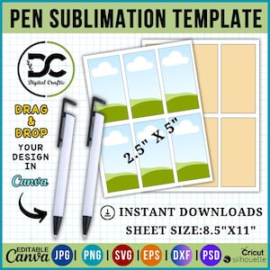 Könnte beinhalten: Eine Sublimationsvorlage für Stifte mit einem Blatt mit sechs Designs im Format 2,5" x 5", darunter ein Himmel mit Wolken und ein grüner Hügel. Die Vorlage ist für die Verwendung mit Canva konzipiert und enthält einen Download-Button. Der Text "DRAG & DROP YOUR DESIGN IN Canva" ist ebenfalls enthalten.
