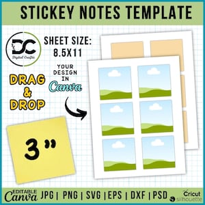 May include: A digital template for creating 3-inch sticky notes with a landscape design. The template includes six pre-designed sticky notes with a blue sky, white clouds, and green hills. The template is designed to be used with Canva and can be downloaded in JPG, PNG, SVG, EPS, DXF, and PSD formats. The template is 8.5 inches by 11 inches.