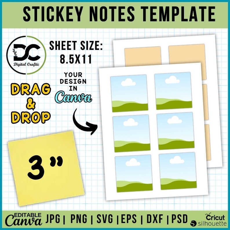 May include: A digital template for creating 3-inch sticky notes with a landscape design. The template includes six pre-designed sticky notes with a blue sky, white clouds, and green hills. The template is designed to be used with Canva and can be downloaded in JPG, PNG, SVG, EPS, DXF, and PSD formats. The template is 8.5 inches by 11 inches.