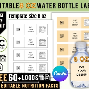 8 OZ  Water Bottle Labels Template , Canva Editable Water Bottle Template, Blank Water Bottle Template svg, Party Favor Template, Party Logo