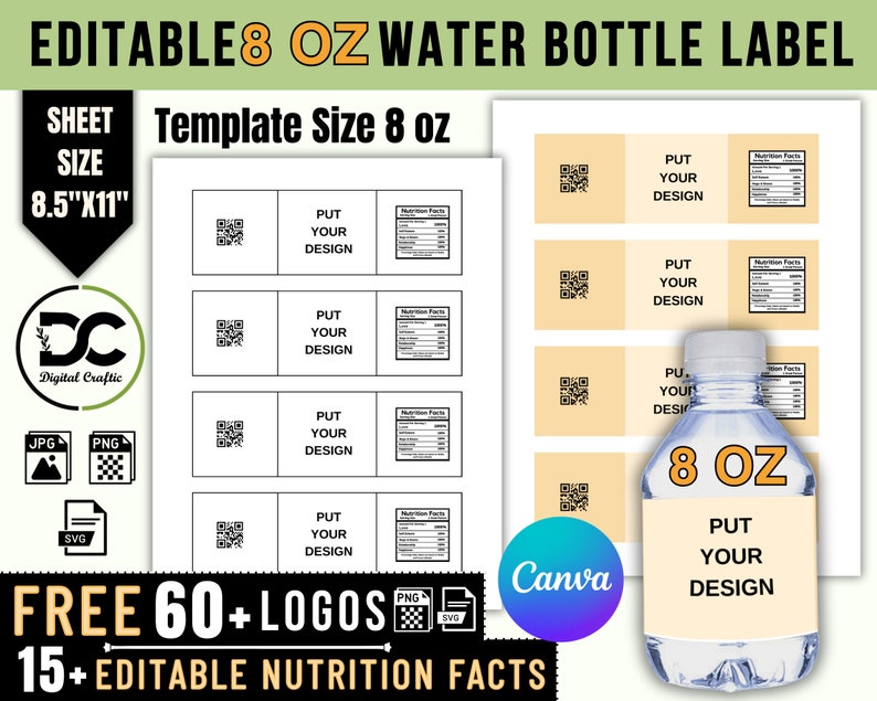 8 OZ Water Bottle Labels Template , Canva Editable Water Bottle 8 OZ Water Bottle Labels Template , Canva Editable Water Bottle