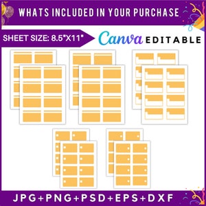 May include: A printable sheet of 8.5 by 11 inch blank labels with a light orange fill. The sheet is designed to be edited in Canva and includes JPG, PNG, PSD, EPS, and DXF file formats.