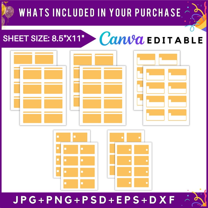 May include: A printable sheet of 8.5 by 11 inch blank labels with a light orange fill. The sheet is designed to be edited in Canva and includes JPG, PNG, PSD, EPS, and DXF file formats.