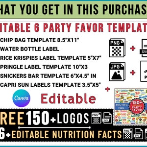 6 Party Favor Template Bundle, Chip Bag Template, Water Bottle Labels, Chocolate Bar , Pringles Template, Party Favor , SVG , Canva Editable zdjęcie 3