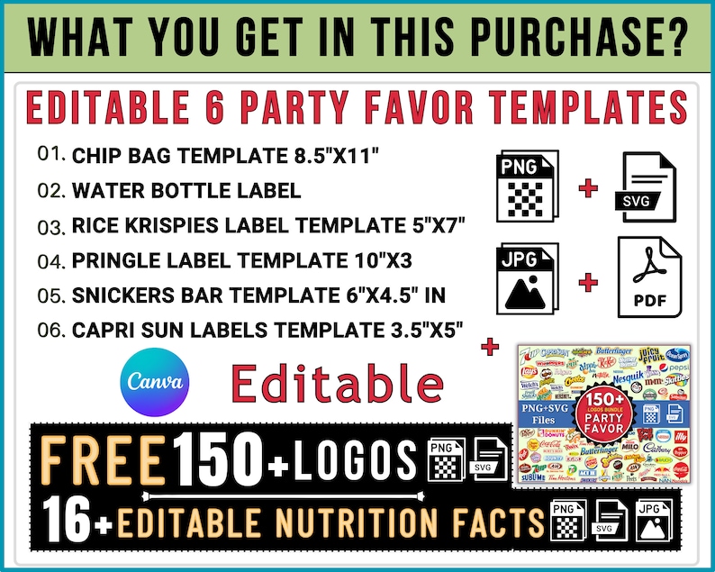 6 Party Favor Template Bundle, Chip Bag Template, Water Bottle Labels, Chocolate Bar , Pringles Template, Party Favor , SVG , Canva Editable zdjęcie 3