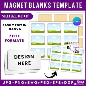 Puede incluir: Una plantilla para crear espacios en blanco para imanes, que presenta un área de diseño con el texto "DESIGN HERE" y una hoja de 12 imanes en blanco con una escena de paisaje. El tamaño de la hoja es de 8,5 pulgadas por 11 pulgadas. El texto "DRAG & DROP" es visible en la hoja.