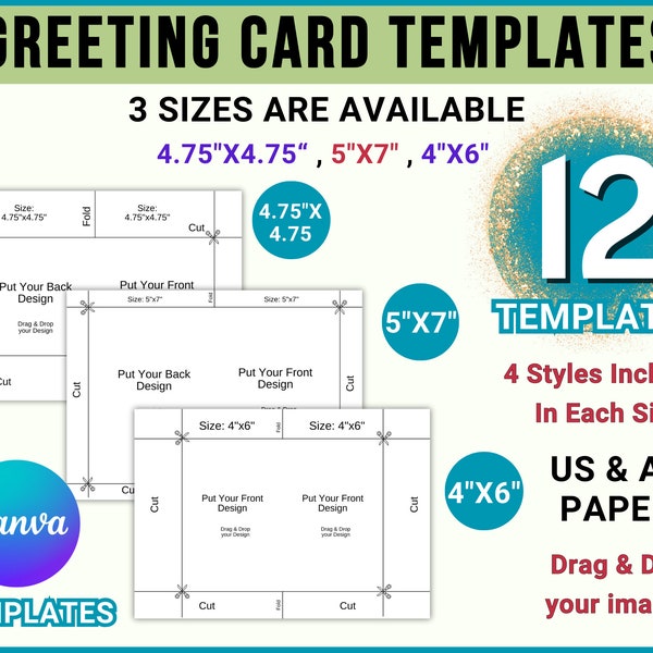 Greeting Card Drag & Drop Canva Templates Bundle, 4.75”x4.75”, 5”x7”, 4”x6”, Greeting Card, Printable, Blank Templates, Editable Canva Card