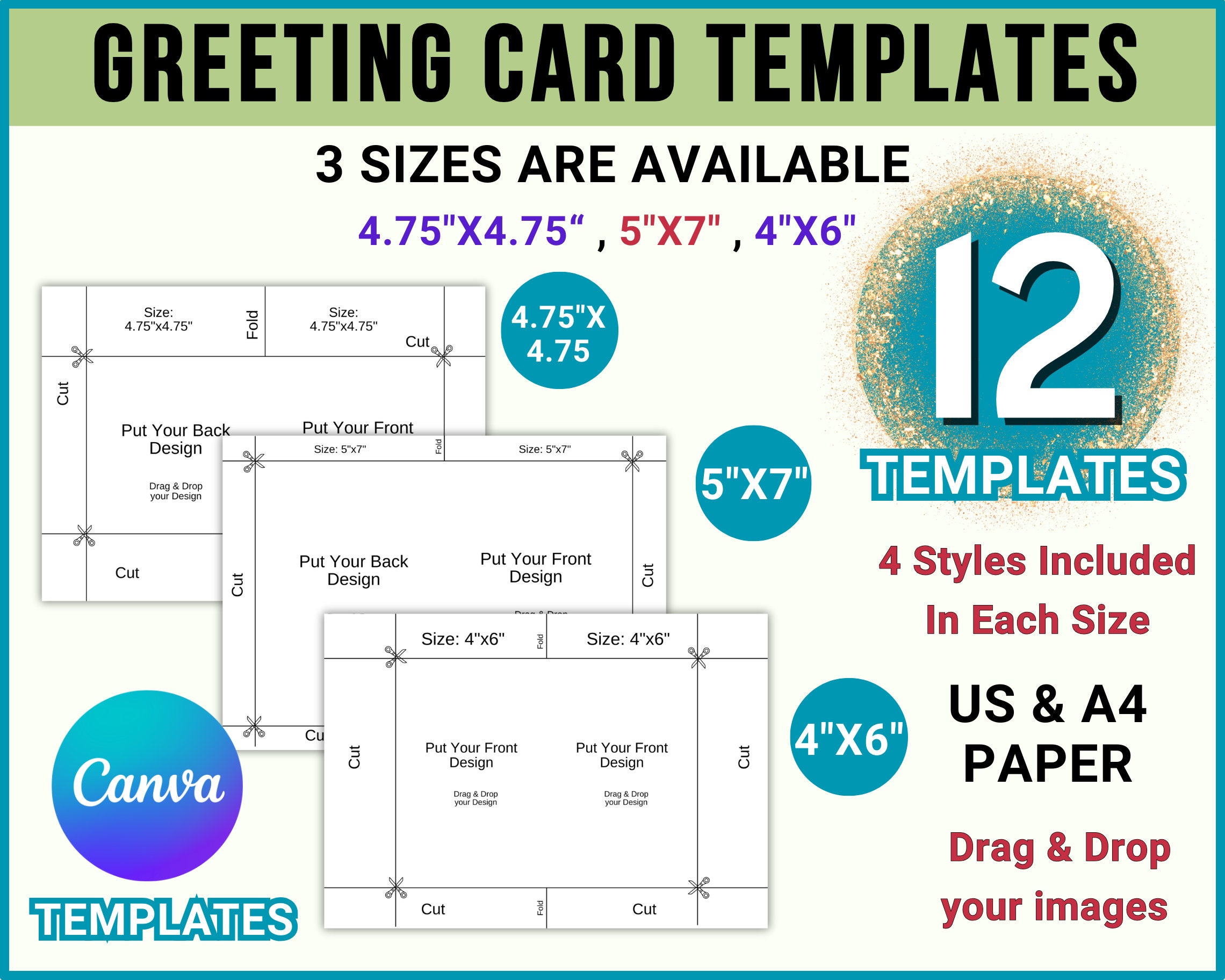 Greeting Card Drag & Drop Canva Templates Bundle, 4.75”x4.75”, 5”x7”, 4”x6”, Greeting Card, Printable, Blank Templates, Editable Canva Card