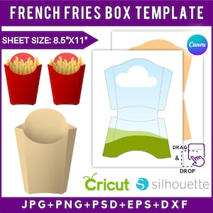 Pommes Box Vorlage, Snack Box Vorlage, Bratkartoffel Box Vorlage, Lebensmittel Box SVG, Partybevorzugung Box, Pommes Etikett, DIY Verpackungsbox