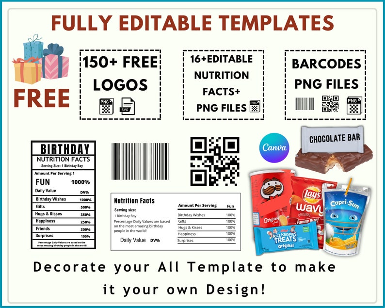 6 Party Favor Template Bundle, Chip Bag Template, Water Bottle Labels, Chocolate Bar , Pringles Template, Party Favor , SVG , Canva Editable zdjęcie 7