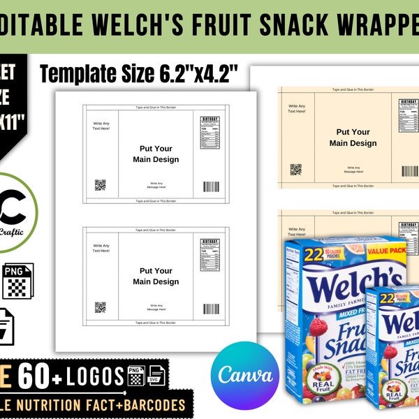 Welche Fruit Snack Template | Canva Editable Blank Fruit Snack Label| Fruit Snack Wrapper Template | Party Favor Fruit Snack Birthday Label