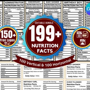 200 Nutrition Facts Template Bundle, Nutrition Facts Labels, Party Favor Bundle , Editable Canva Nutrition Facts Template,Nutrition Template