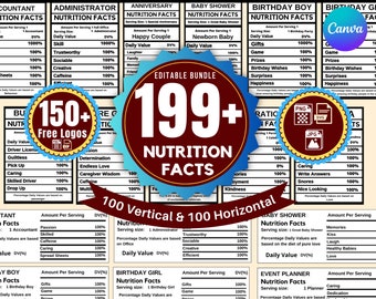 200 Nutrition Facts Template Bundle, Nutrition Facts Labels, Party Favor Bundle , Editable Canva Nutrition Facts Template,Nutrition Template