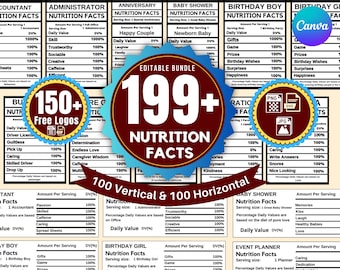Paquete de 200 plantillas de información nutricional, etiquetas de información nutricional, paquete de regalos para fiestas, plantilla de información nutricional editable en Canva, plantilla de nutrición