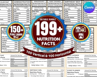 200 Nährwertangaben-Vorlagenpaket, Nährwertangabenetiketten, Partybevorzugungspaket, bearbeitbare Canva-Nährwertangabenvorlage