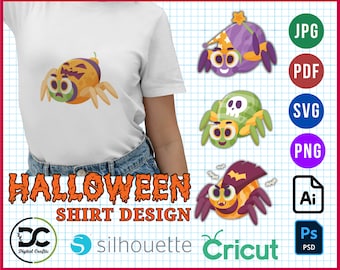 Spider Halloween Tshirt Design, Spooky Spider Halloween T-Shirt Designs, Halloween Shirt Template, Halloween Crafting Supplies SVG, PNG, Ai